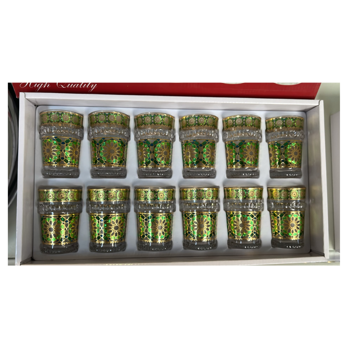 Coffret 12 Verres à Thé Marocains Dorés Motif Floral Vert