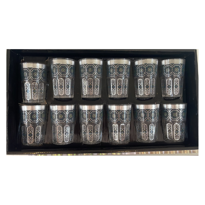 Coffret 12 Verres à Thé Marocains Argentés Motif Géométrique Noir