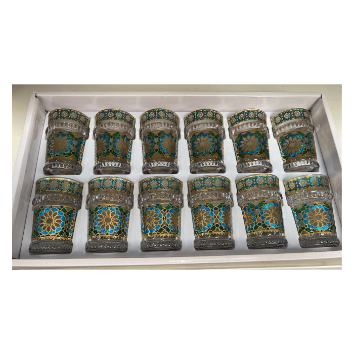 Coffret 12 Verres à Thé Marocains Dorés Motif Floral Bleu & Vert
