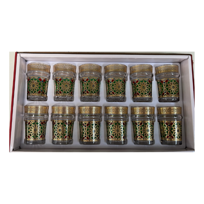 Coffret 12 Verres à Thé Marocains Dorés Motif Floral Vert & Rouge