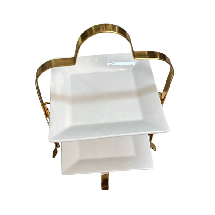 Présentoir 2 Étages Carré Blanc et Doré
