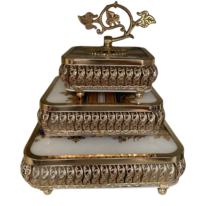 Coffret 3 Boîtes de Rangement Empilées Dorées