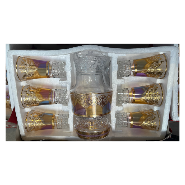 Coffret Carafe et 6 Verres Multicolore & Or