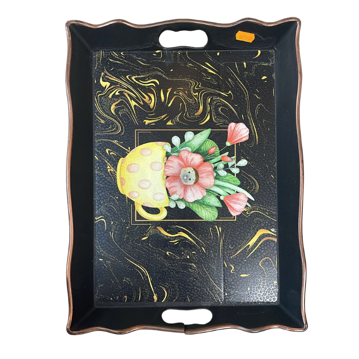 Plateau de Service Noir Motif Floral