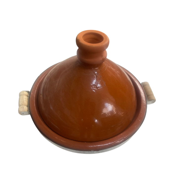 Tajine en Terre Cuite Émaillée avec Cerclage et Poignées Bois 43 cm